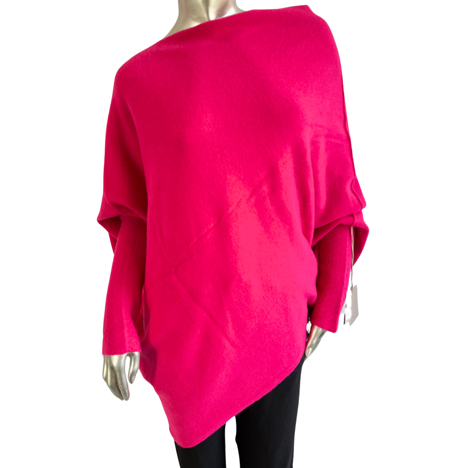 Asymmetric Draped Slouch Neck Soft Jumper with Long Fitted Sleeves in Fuchsia