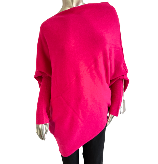 Asymmetric Draped Slouch Neck Soft Jumper with Long Fitted Sleeves in Fuchsia