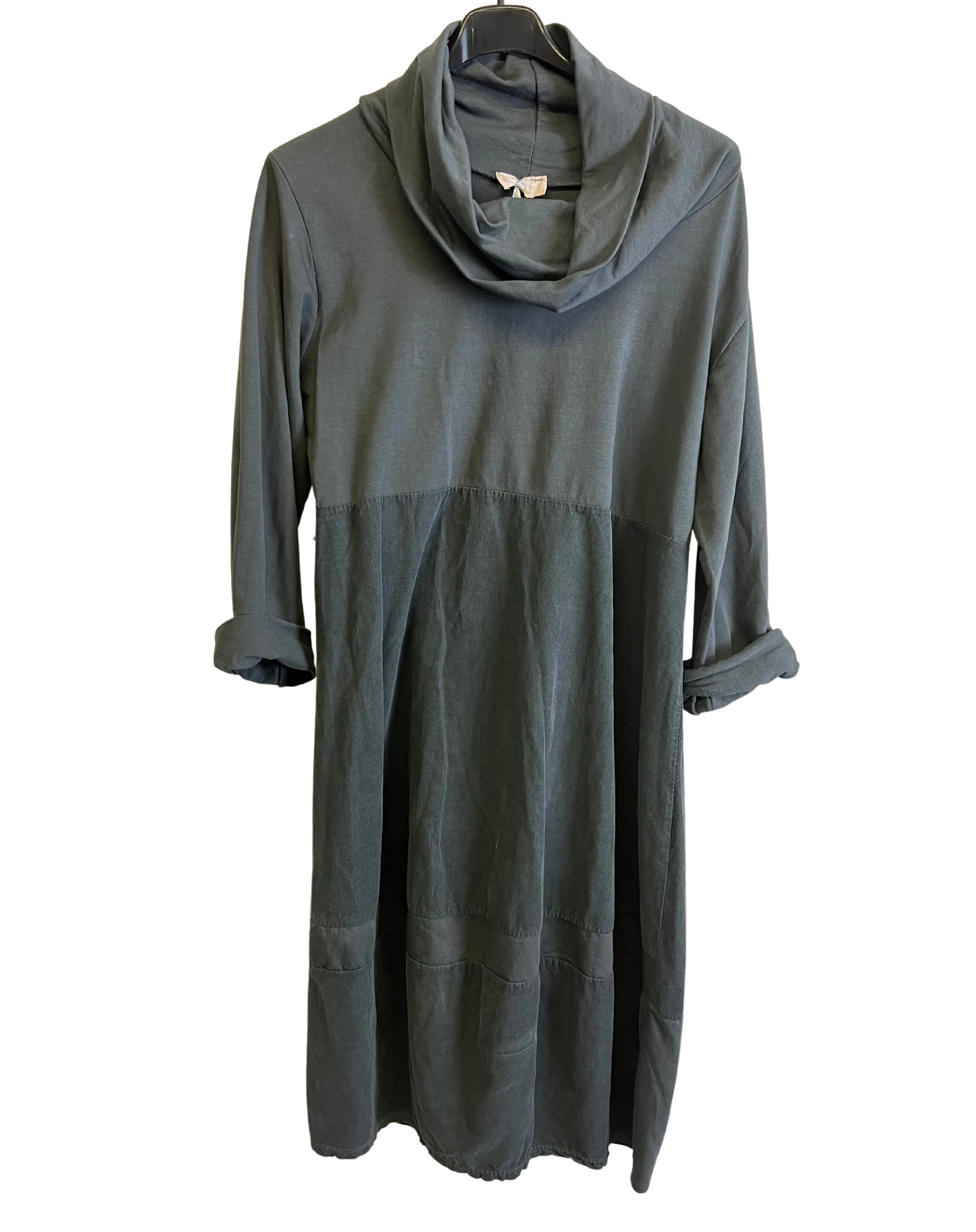 Cowl Neck Long Sleeve Cord Panel Jersey Dress In Grey