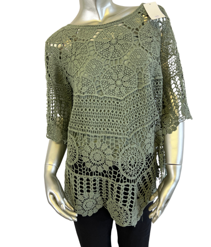 2 Piece Set Crochet Quirky Casual Tunic Top with Matching Vest in Khaki