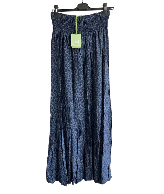 Leaf Print Wide Leg Summer Palazzo Trousers In Navy