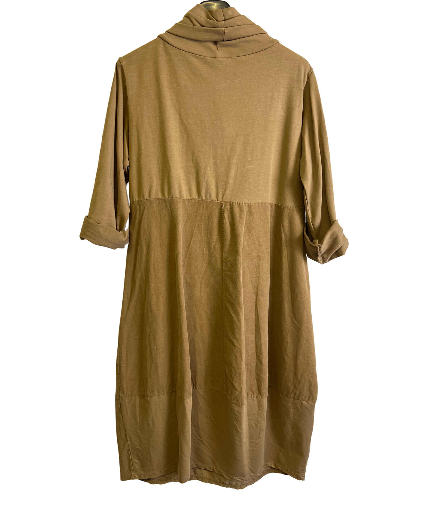 Cowl Neck Long Sleeve Cord Panel Jersey Dress In Camel