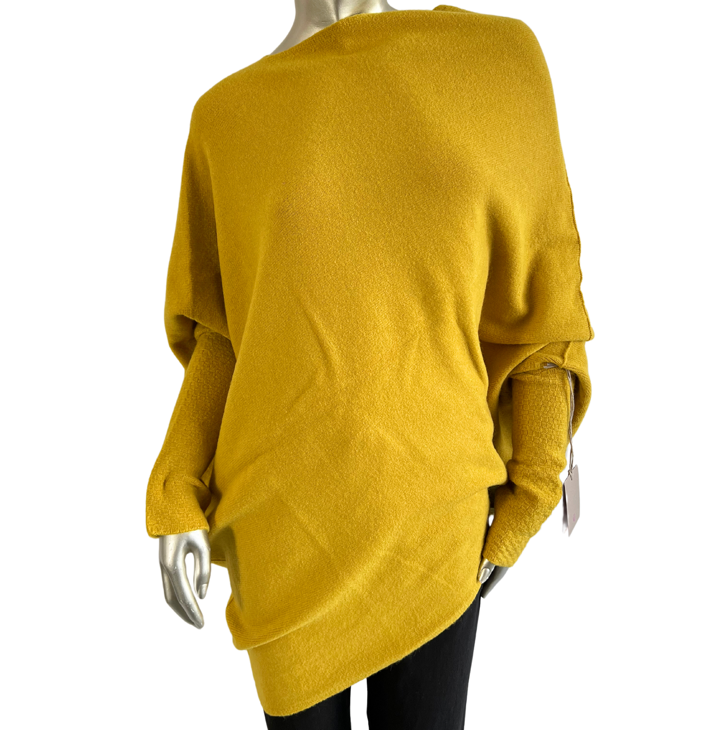 Asymmetric Draped Slouch Neck Soft Jumper with Long Fitted Sleeves in Mustard Yellow