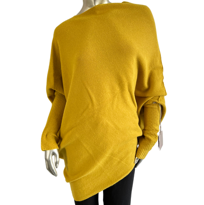 Asymmetric Draped Slouch Neck Soft Jumper with Long Fitted Sleeves in Mustard Yellow