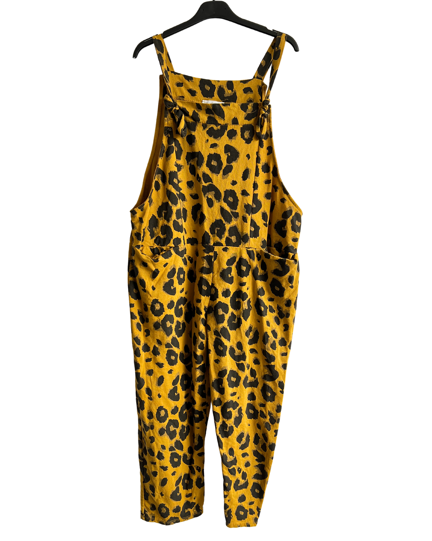 2 Pocket Animal Leopard Print Summer Dungarees In Mustard Yellow