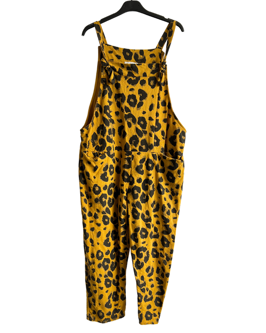 2 Pocket Animal Leopard Print Summer Dungarees In Mustard Yellow