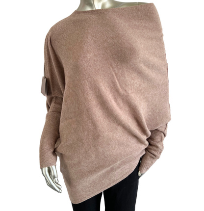 Asymmetric Draped Slouch Neck Soft Jumper with Long Fitted Sleeves in Pink