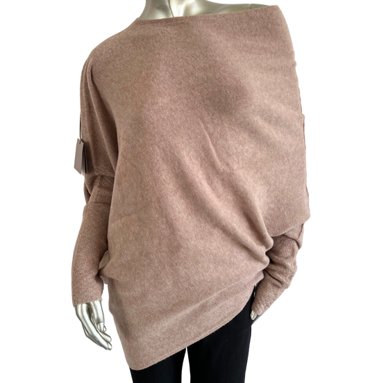 Asymmetric Draped Slouch Neck Soft Jumper with Long Fitted Sleeves in Pink