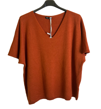 Soft Basic Casual V-Neck Jumper with Short Sleeves in Rust