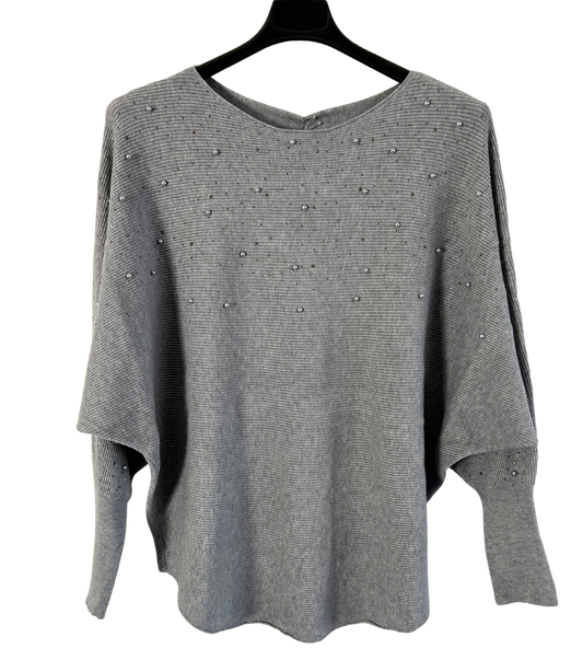 Autumn Pearl Sequin Design Batwing Sleeve Ribbed Knit Jumper in Grey