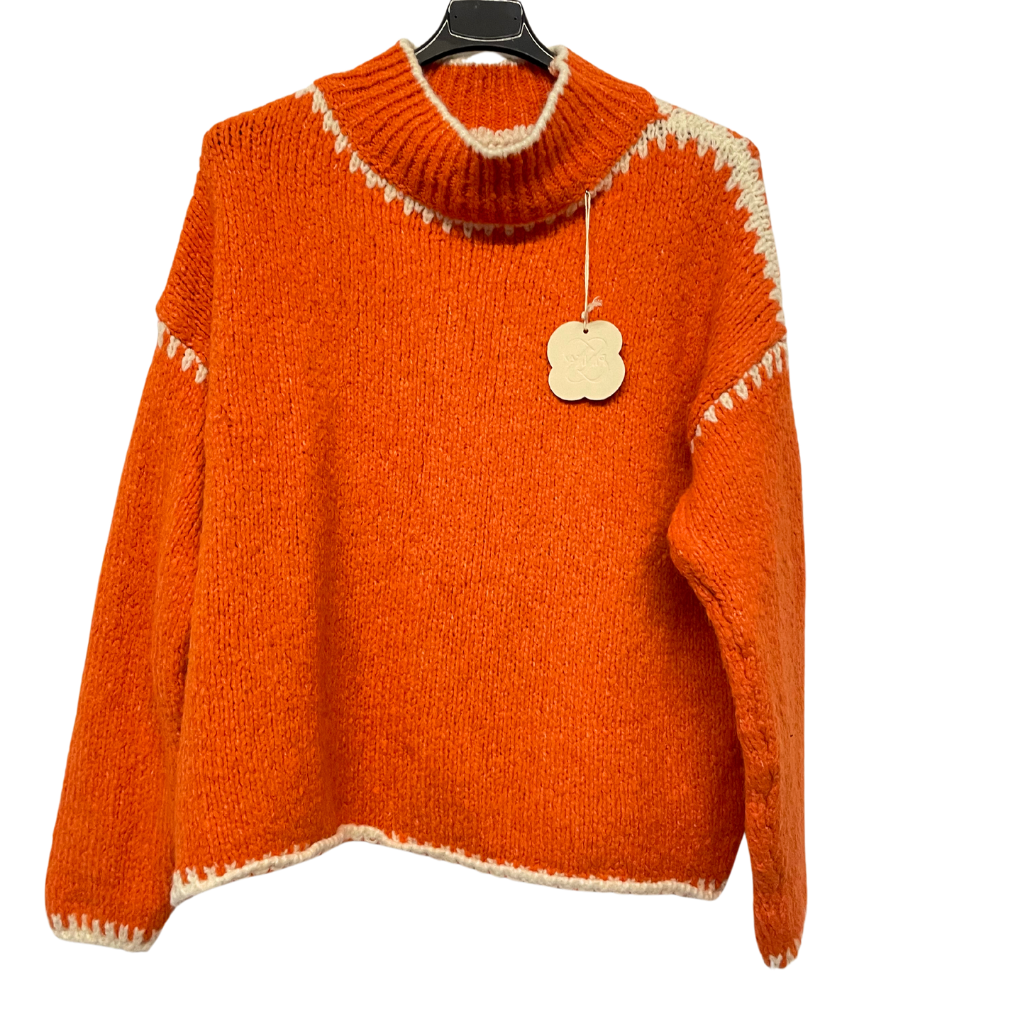 Soft Knitted Italian High Neck Jumper with Blanket Stitch Edging in Orange