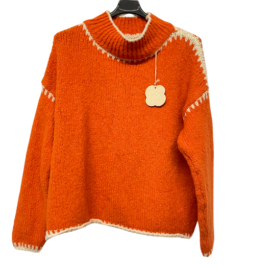 Soft Knitted Italian High Neck Jumper with Blanket Stitch Edging in Orange