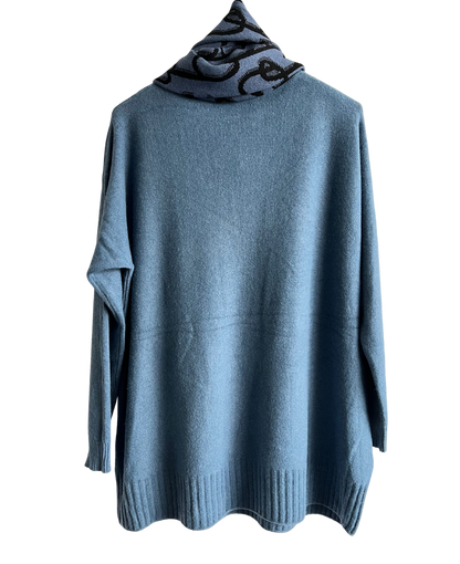 Knitted Long Sleeved Matching Jumper and Scarf Set in Denim