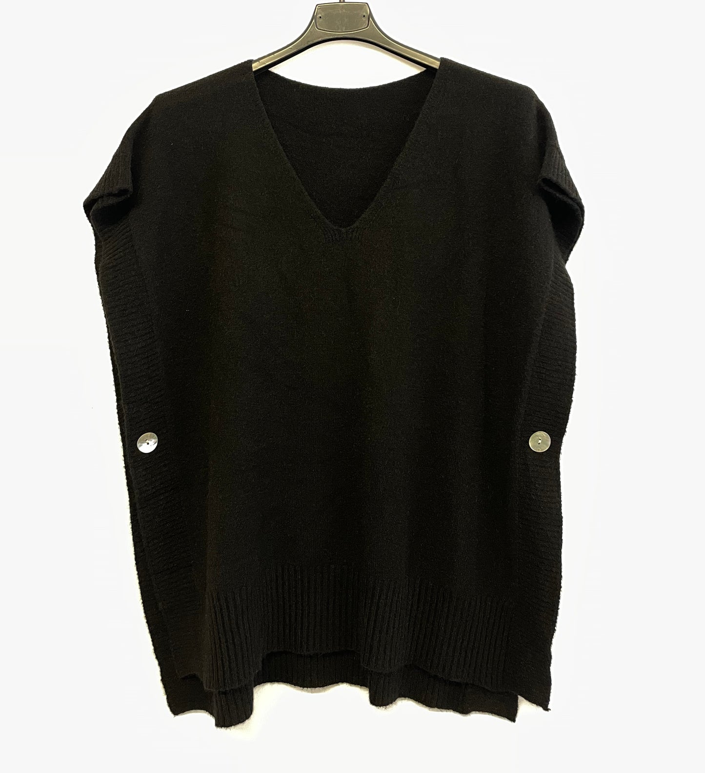 Soft Knitted Sleeveless Button Design V Neck Tank Top in Black