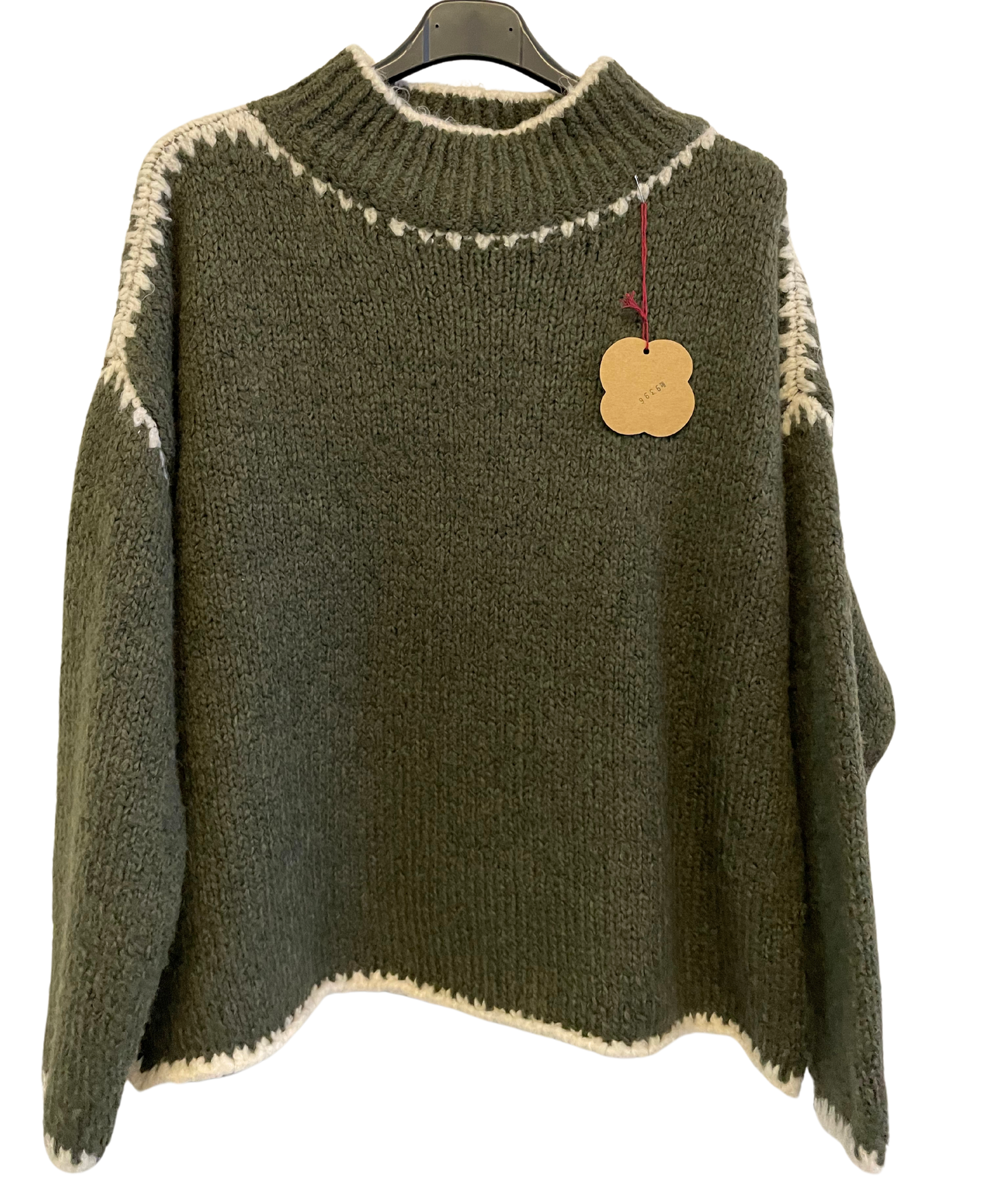 Soft Knitted Italian High Neck Jumper with Blanket Stitch Edging in Khaki