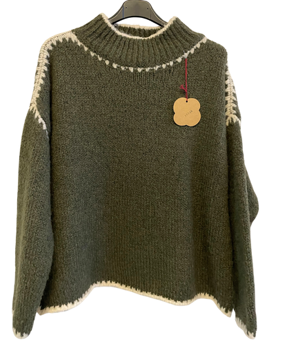 Soft Knitted Italian High Neck Jumper with Blanket Stitch Edging in Khaki