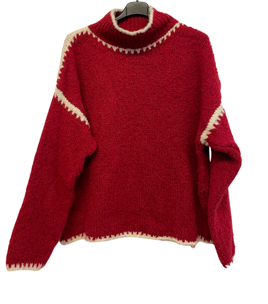 Soft Knitted Italian High Neck Jumper with Blanket Stitch Edging in Red