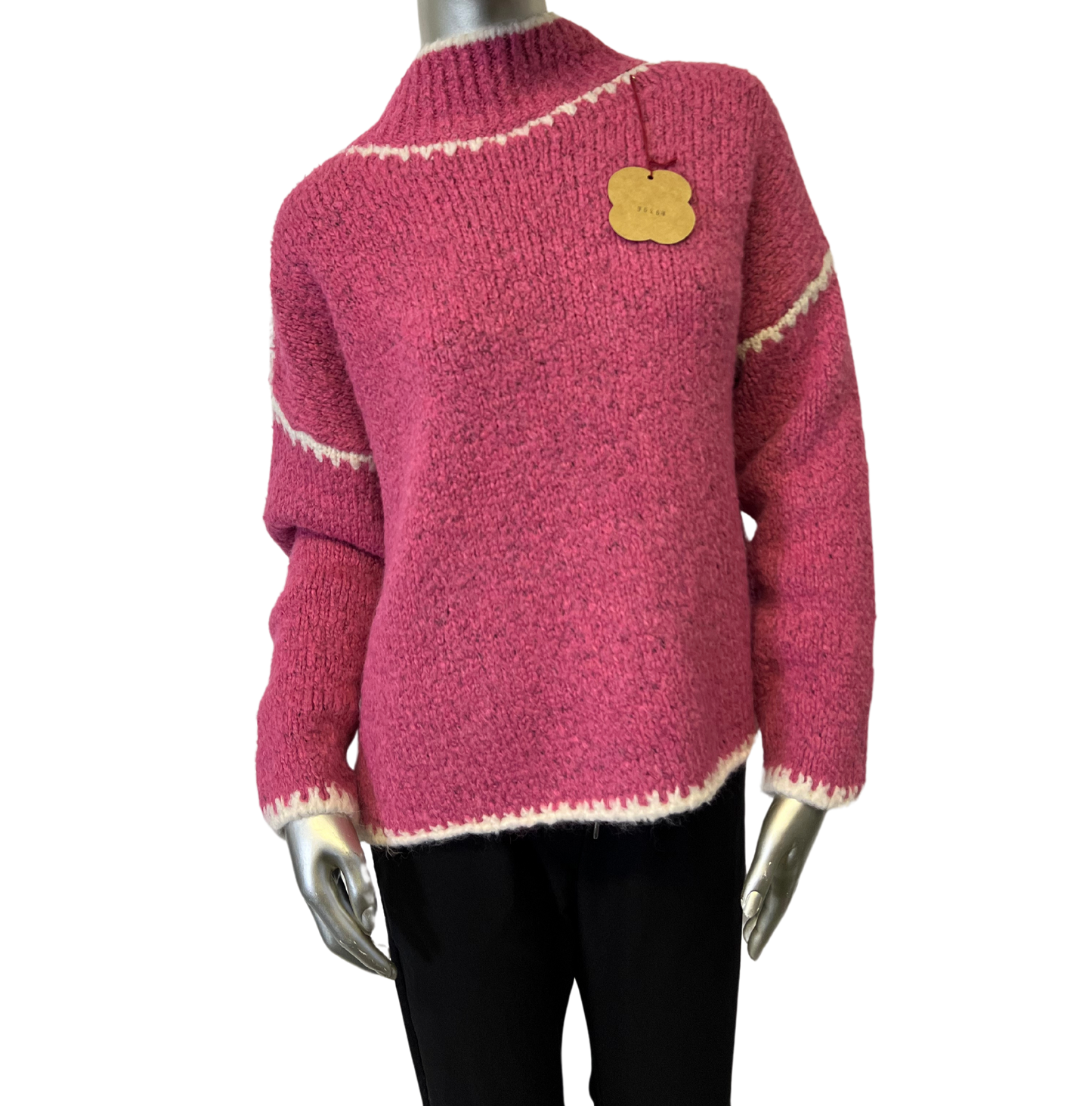 Soft Knitted Italian High Neck Jumper with Blanket Stitch Edging in Fuchsia