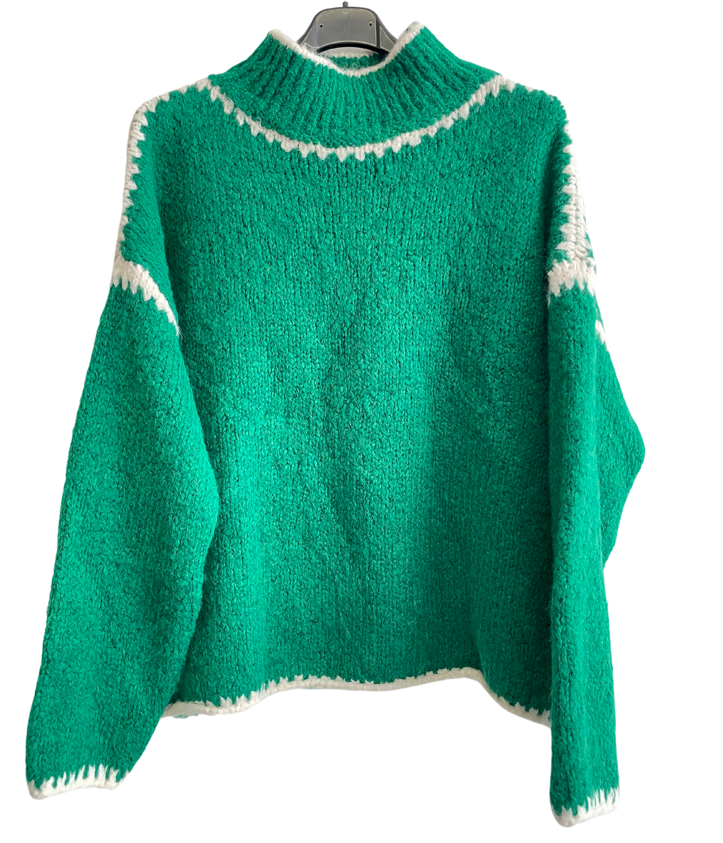 Soft Knitted Italian High Neck Jumper with Blanket Stitch Edging in Green