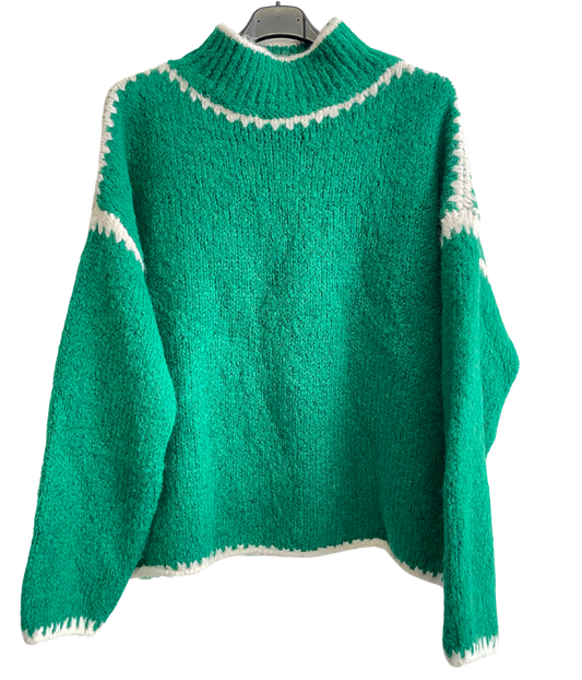 Soft Knitted Italian High Neck Jumper with Blanket Stitch Edging in Green