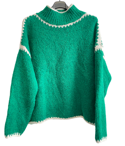 Soft Knitted Italian High Neck Jumper with Blanket Stitch Edging