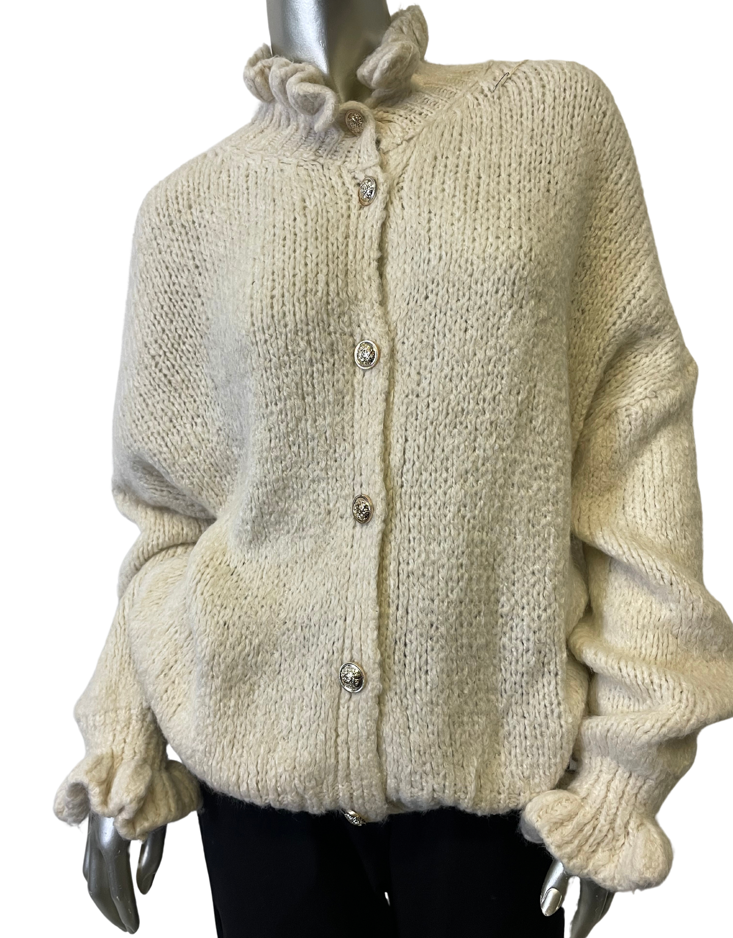 Chunky Knit Italian Ruffled High Neck Long Sleeve Button Cardigan in Beige