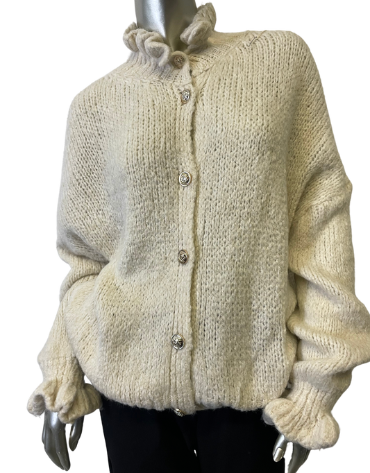 Chunky Knit Italian Ruffled High Neck Long Sleeve Button Cardigan in Beige