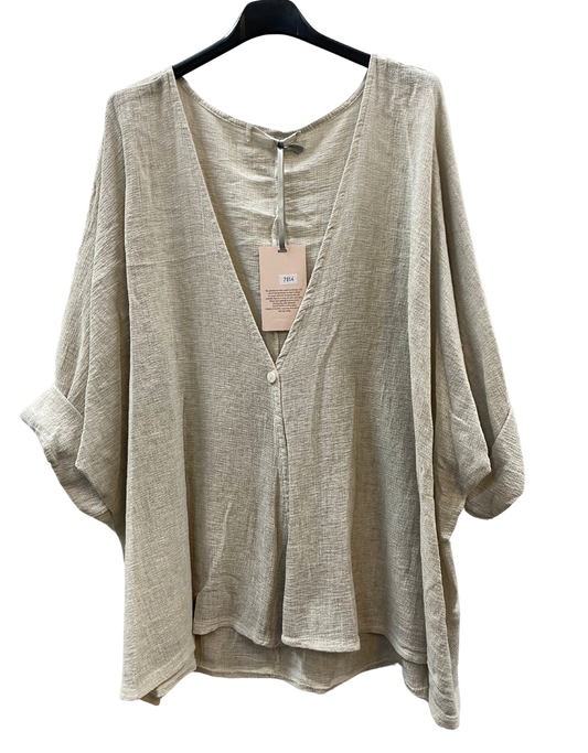 Overtop/Cardigan Layering Linen One Button Long Sleeve Top In Beige