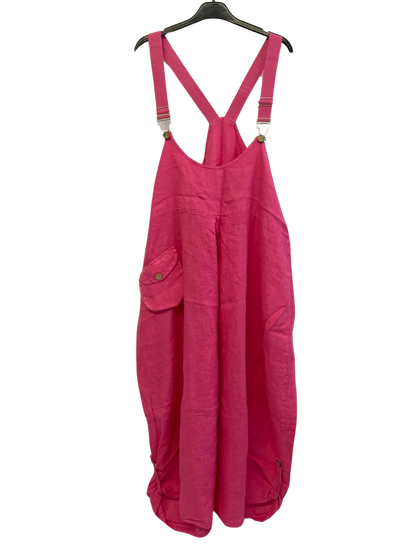 Lightweight Summer Linen Dungaree Dress in Fuchsia