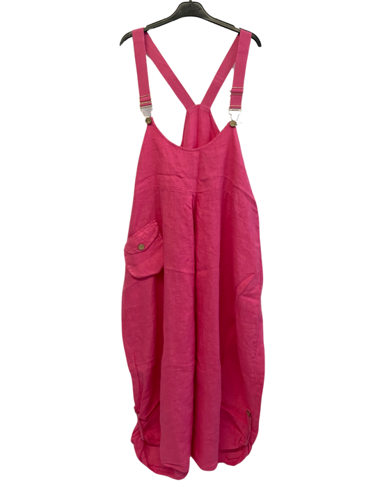 Lightweight Summer Linen Dungaree Dress in Fuchsia