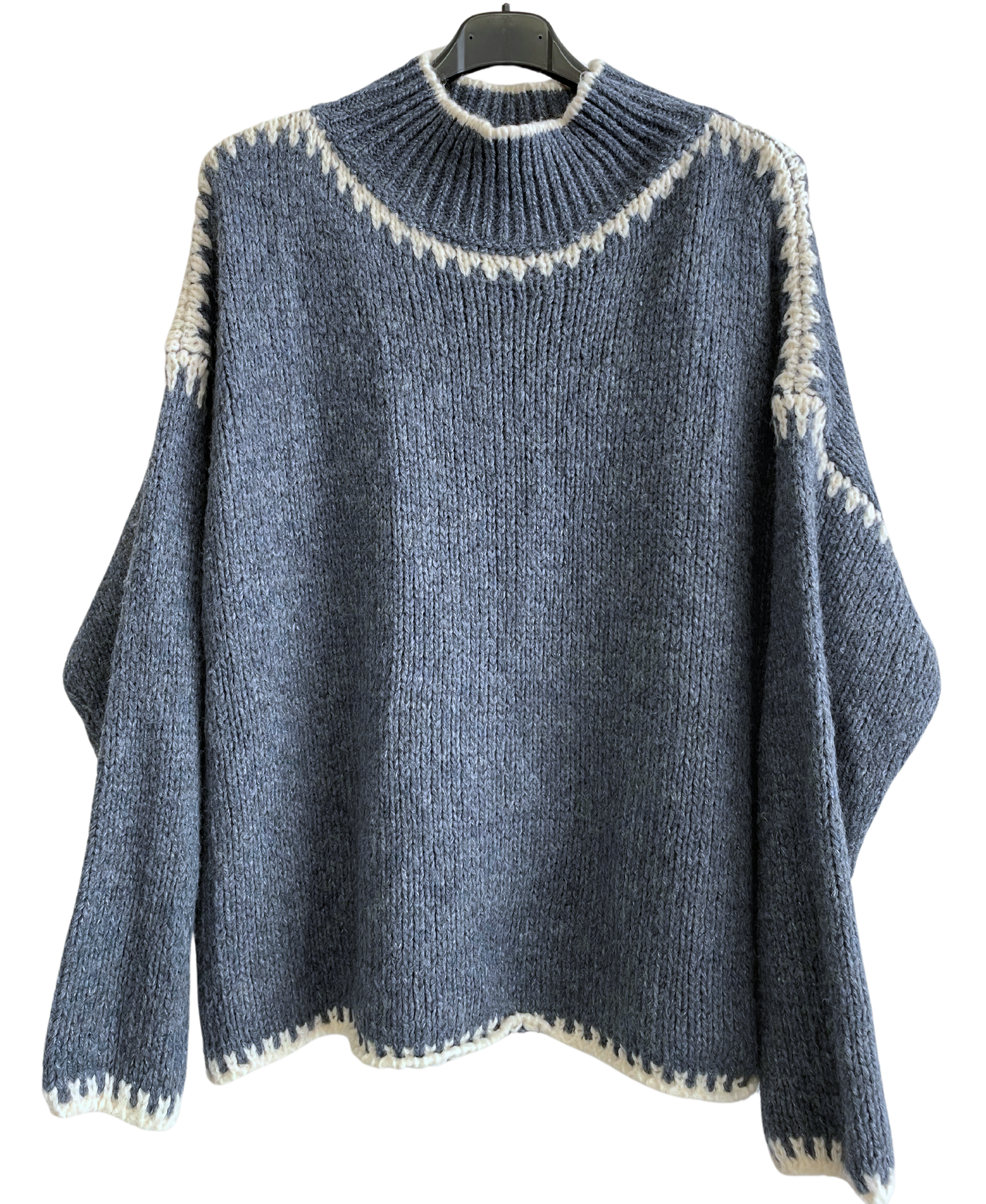 Soft Knitted Italian High Neck Jumper with Blanket Stitch Edging in Denim