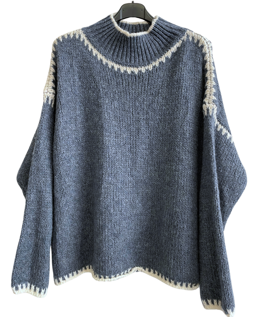 Soft Knitted Italian High Neck Jumper with Blanket Stitch Edging in Denim