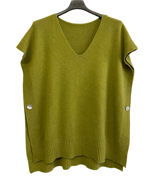 Soft Knitted Sleeveless Button Design V Neck Tank Top in Lime Green