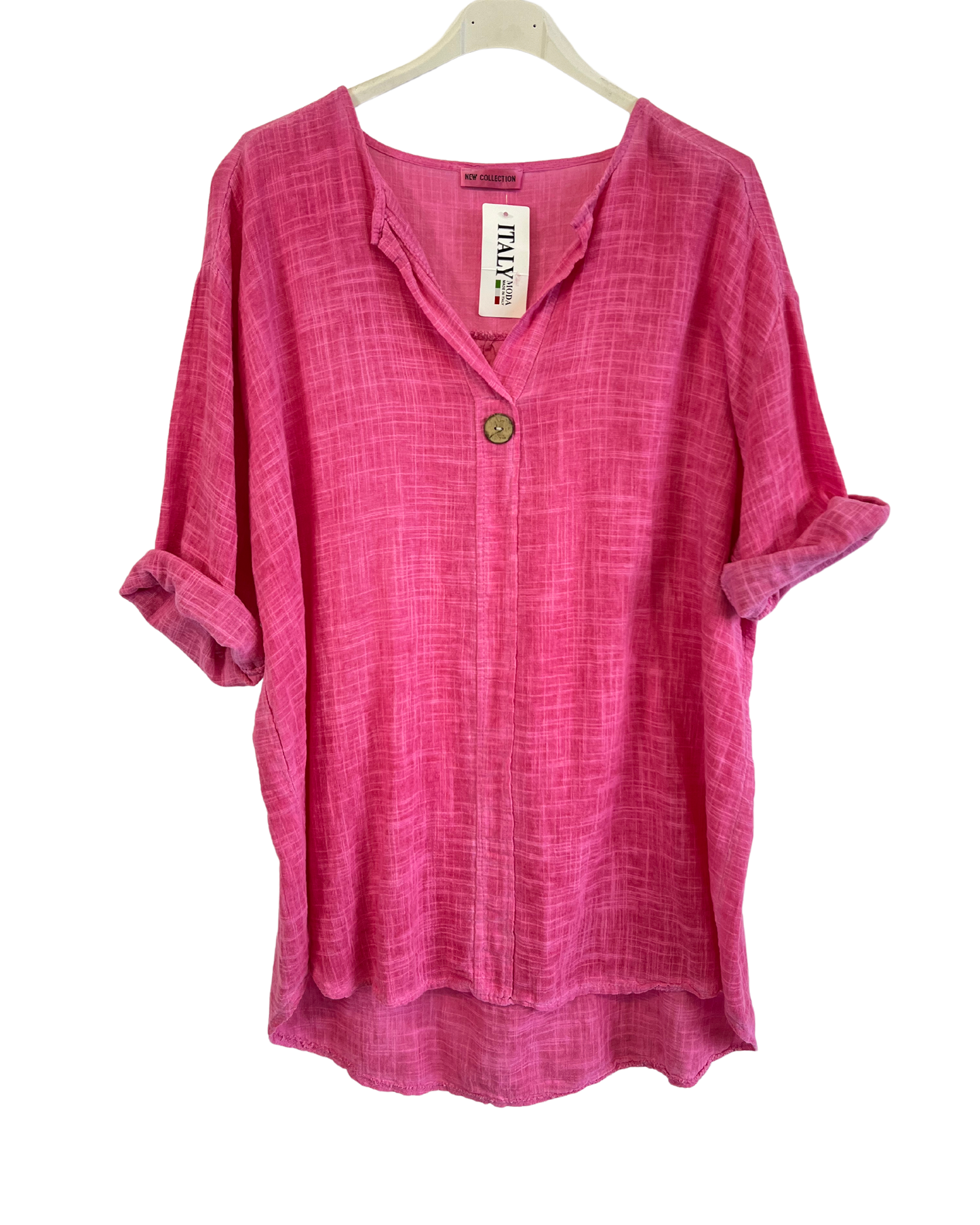 Oversized Cotton & Linen Blend One Button Top in Fuchsia