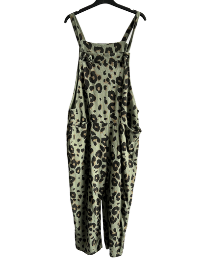 2 Pocket Animal Leopard Print Summer Dungarees In Khaki