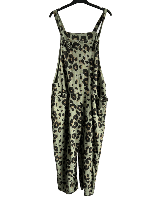 2 Pocket Animal Leopard Print Summer Dungarees In Khaki