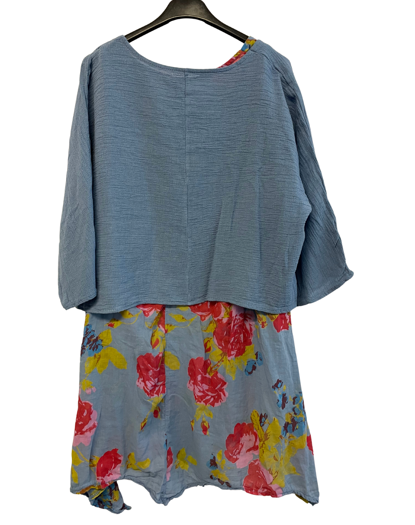 2 Piece Floral Dress Asymmetric Hem with Plain Top in Light Blue