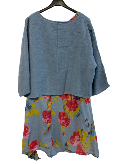 2 Piece Floral Dress Asymmetric Hem with Plain Top in Light Blue