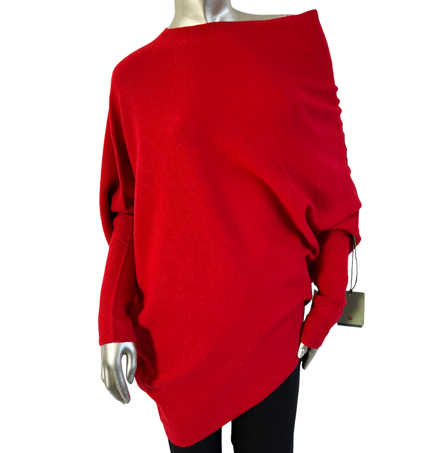 Asymmetric Draped Slouch Neck Soft Jumper with Long Fitted Sleeves in Red