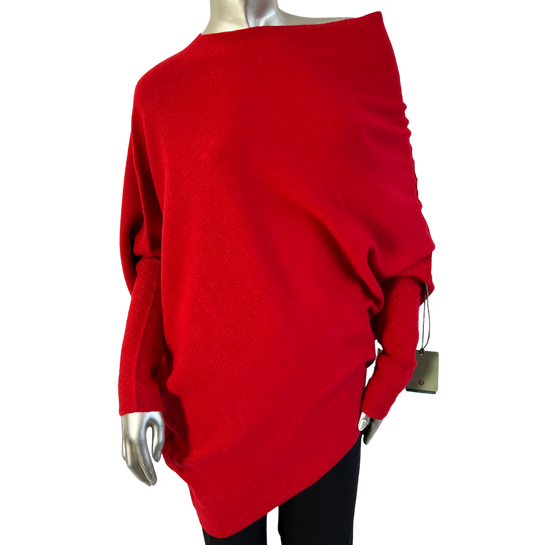 Asymmetric Draped Slouch Neck Soft Jumper with Long Fitted Sleeves in Red