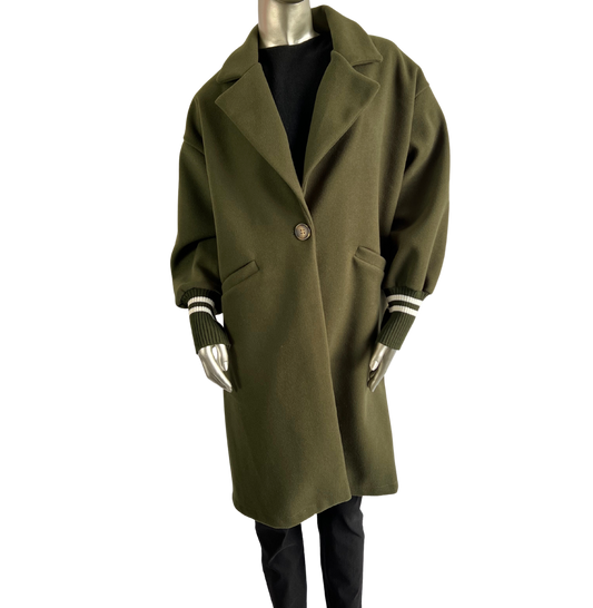 Wool Blend Stylish Fitted Coat In Khaki