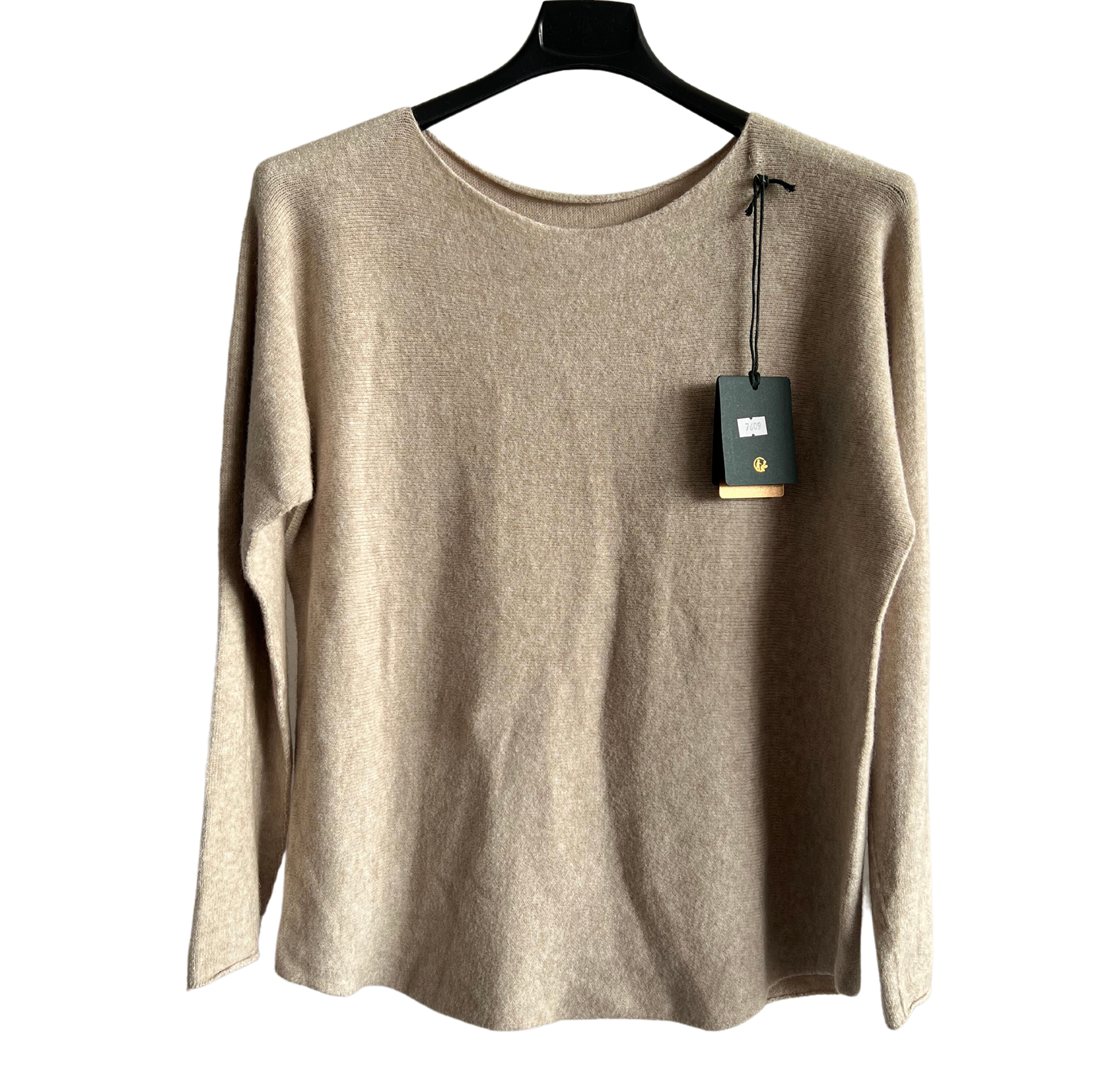 Soft Round Neck Jumper with Curved Hem In Beige