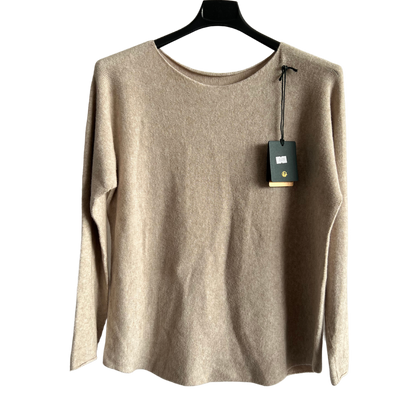 Soft Round Neck Jumper with Curved Hem In Beige