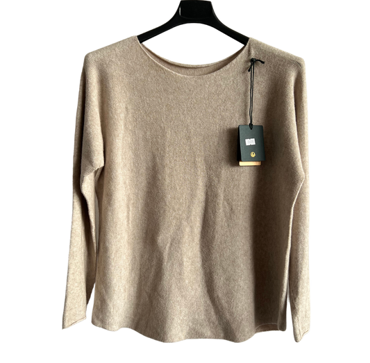 Soft Round Neck Jumper with Curved Hem In Beige