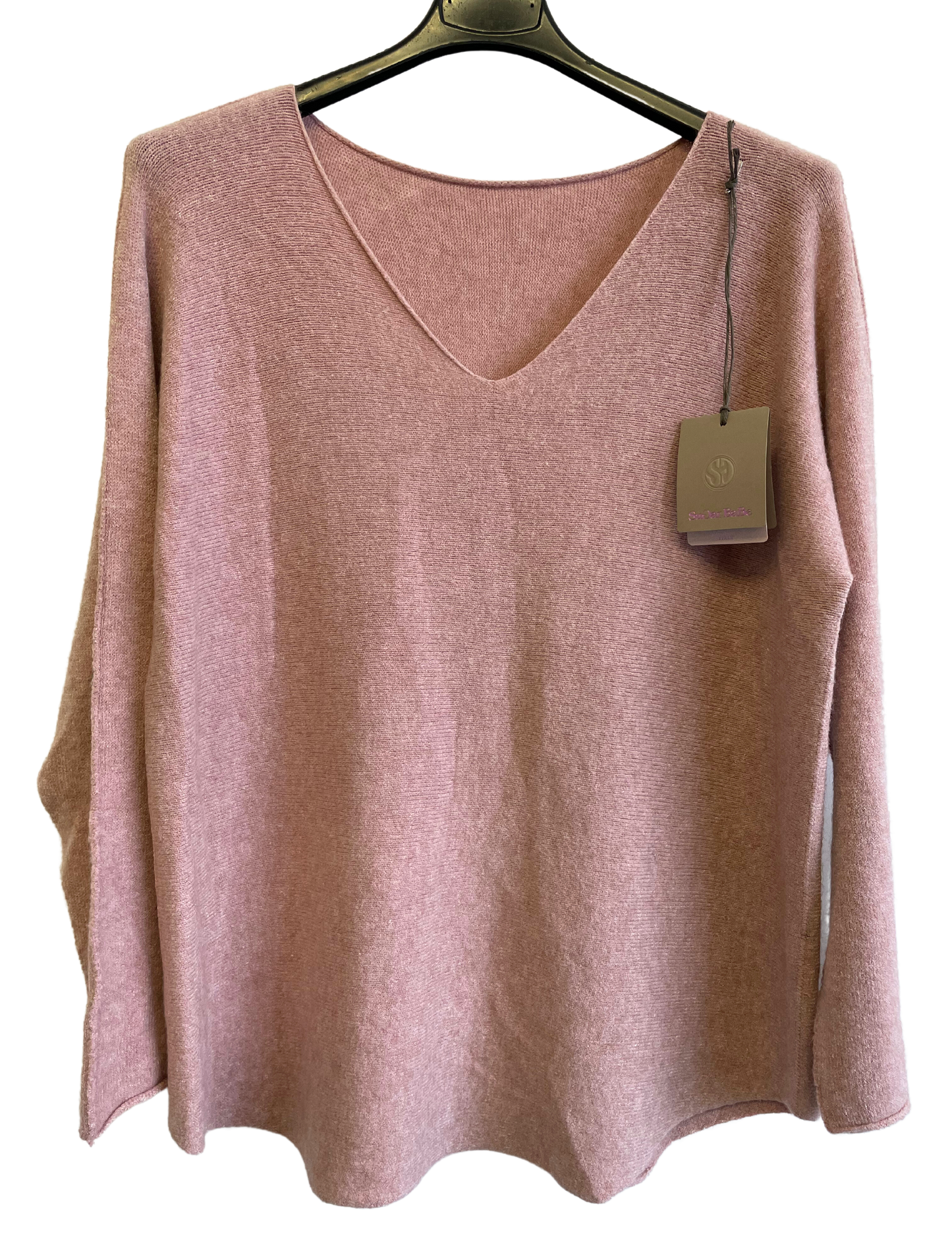 Soft Knit V-Neck Curved Hem Jumper in Pink