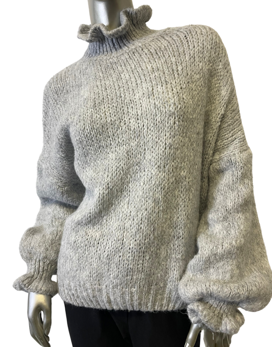 High Neck Frill Ruffled Neck and Hem Chunky Knit Jumper in Grey