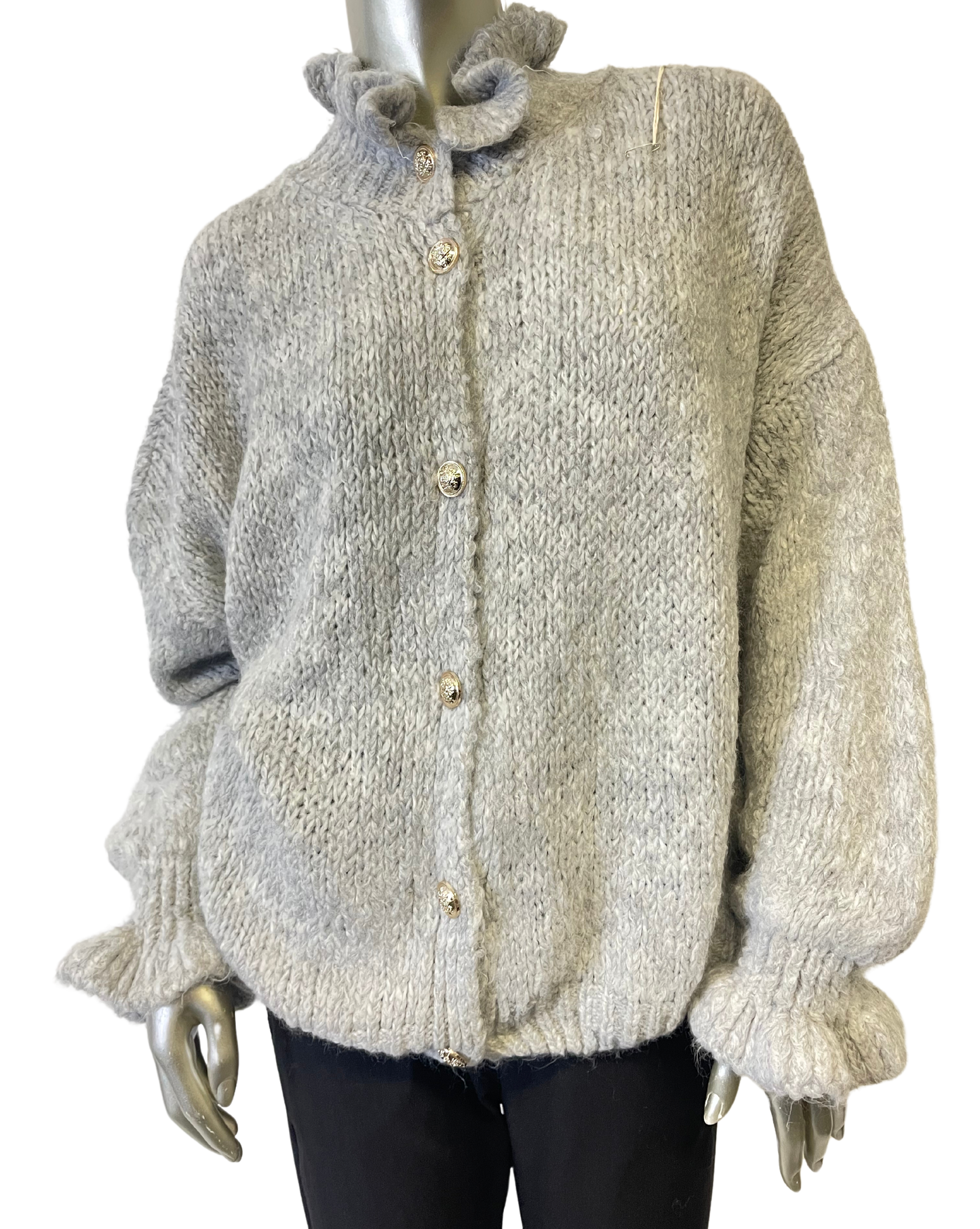 Chunky Knit Italian Ruffled High Neck Long Sleeve Button Cardigan in Light Grey