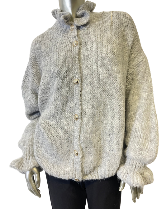 Chunky Knit Italian Ruffled High Neck Long Sleeve Button Cardigan in Light Grey