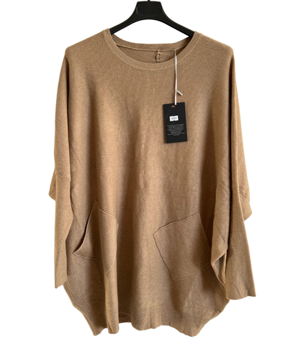 Lagenlook Italian Plait Back Design 2 Pocket Jumper in Camel