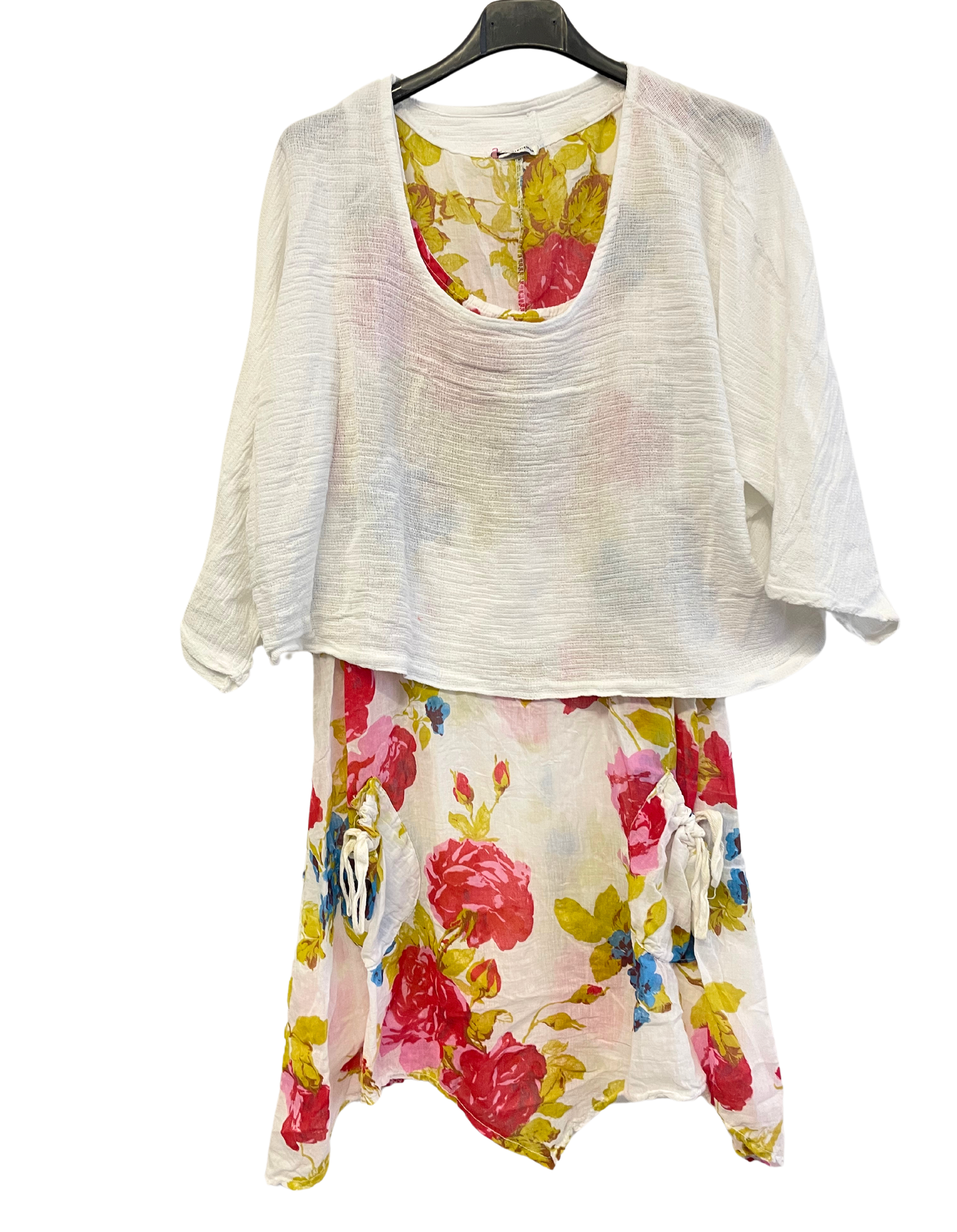 2 Piece Floral Dress Asymmetric Hem with Plain Top in White